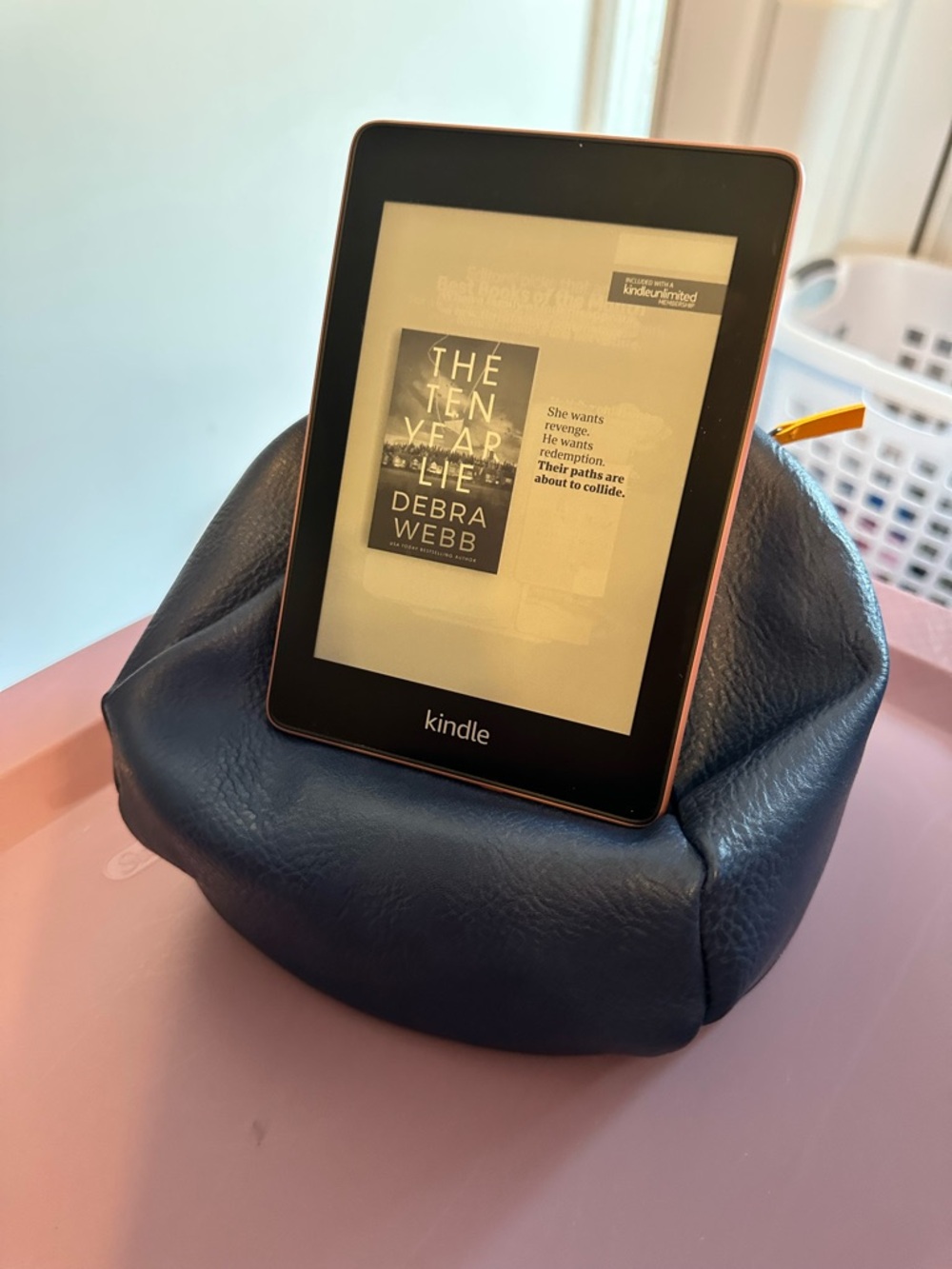 Blue leather Bookaroo Kindle holder/ stand